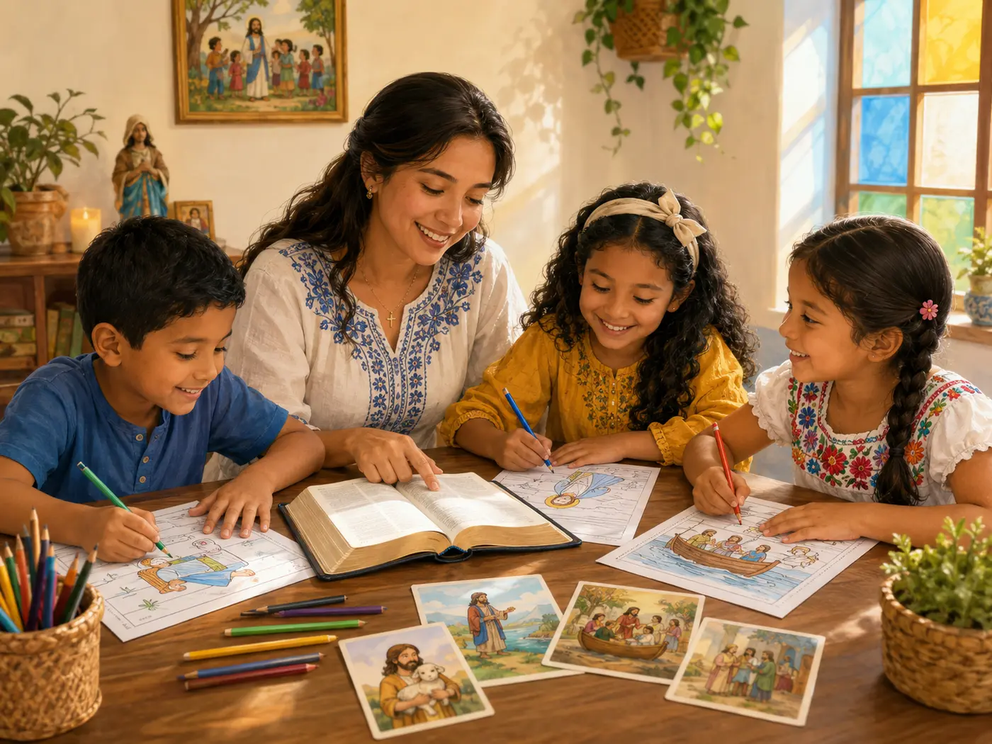 Catequista y niños aprendiendo juntos con actividades bíblicas